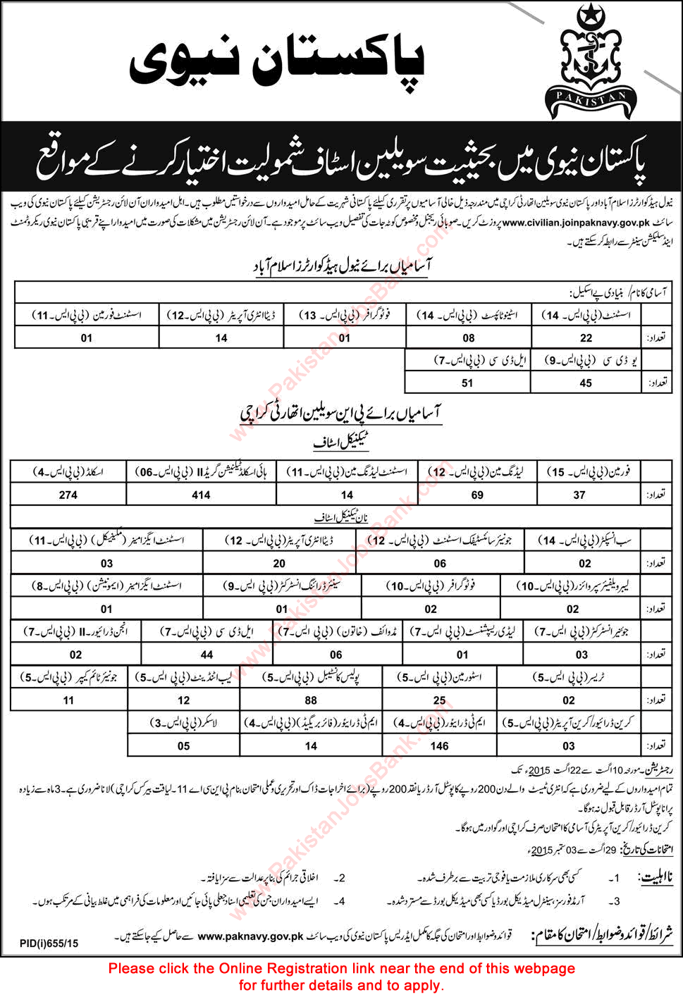 Pakistan Navy Civilian Jobs August 2015 Online Registration Join Latest Advertisement