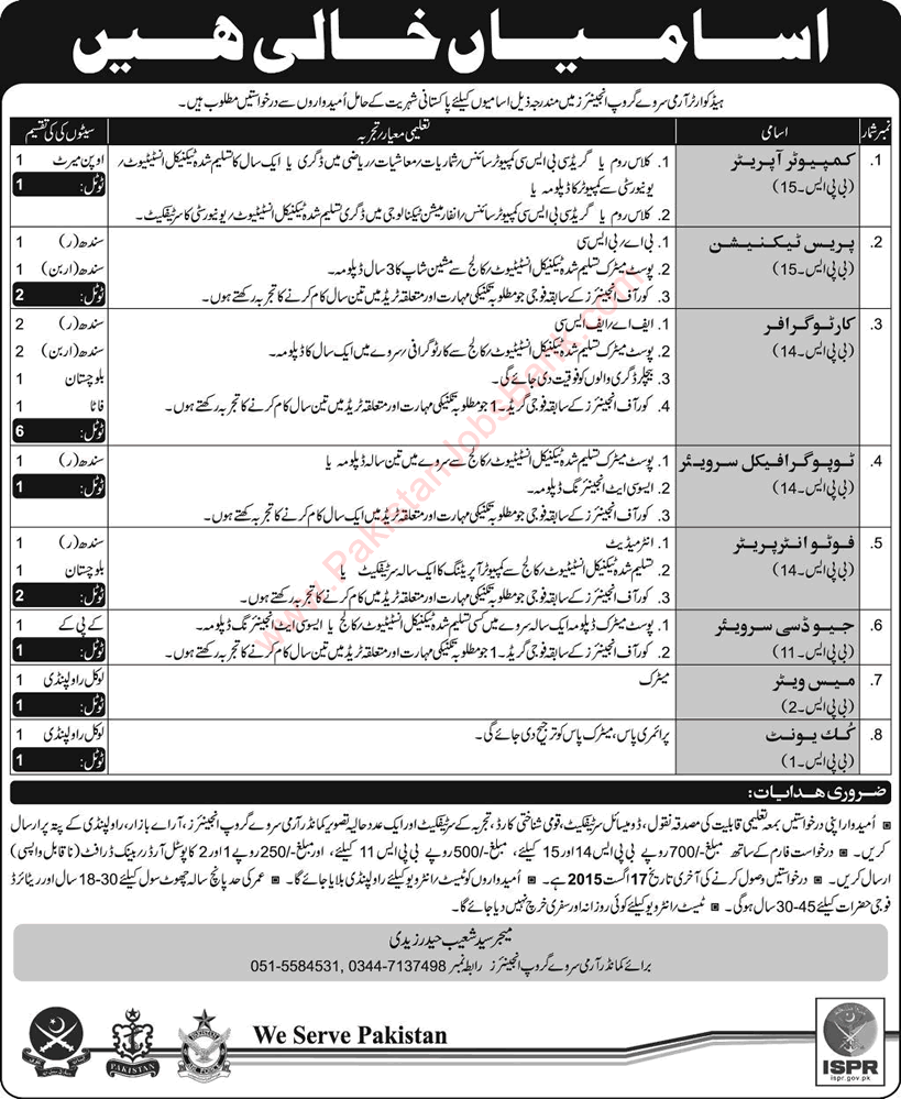 Army Survey Group Engineers Rawalpindi Jobs 2015 August Cartographers, Press Technicians & Others
