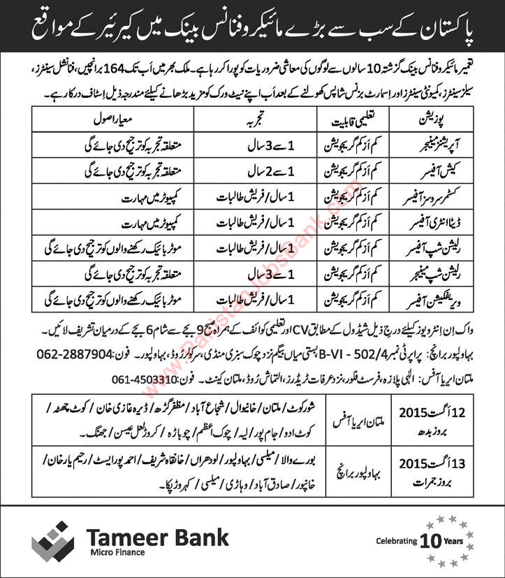 Tameer Bank Jobs August 2015 Officers & Managers for Microfinance Bank Latest Advertisement
