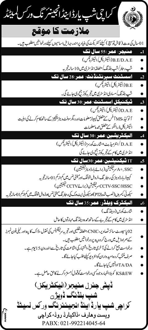 Karachi Shipyard Jobs 2015 August Electrical / Electronics Engineers / IT Technicians & Welders