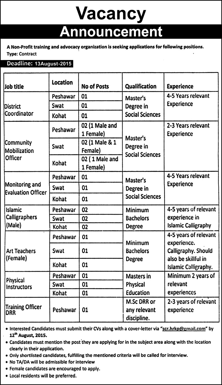 NGO Jobs in Peshawar / Kohat / Swat 2015 August District Coordinator, Mobilization Officer & Others Latest