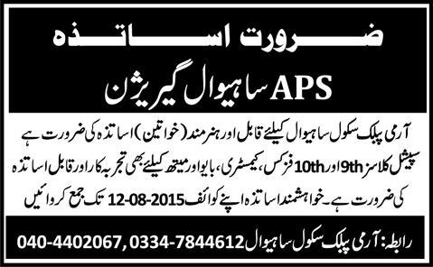 Army Public School Sahiwal Jobs 2015 August for Female Teaching Staff Latest