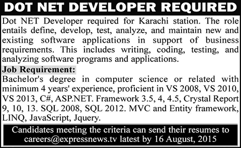 Dot .NET Developer Jobs in Karachi 2015 August Express News TV Latest