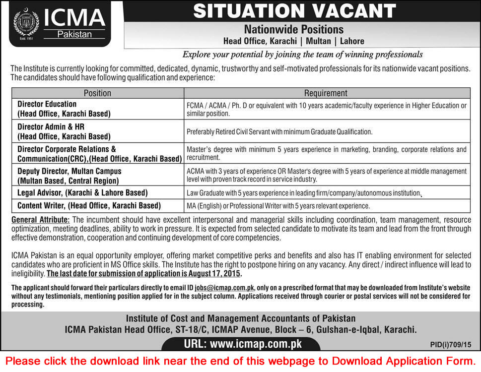 ICMA Pakistan Jobs 2015 August Application Form Download Directors, Legal Advisor & Content Writers