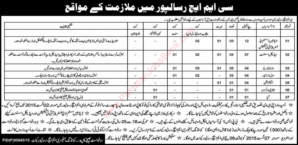 CMH Risalpur Jobs 2015 August KPK IT Technician, Medical Assistants, Ward Boy, Drivers & Others