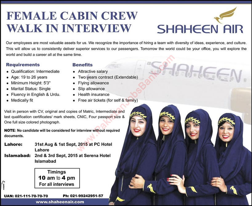 Shaheen Airline Airhostess Jobs August 2015 Female Cabin Crew & Flight Attendants Walk in Interviews Schedule
