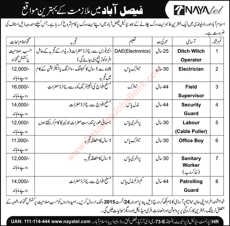 Nayatel Faisalabad Jobs 2015 August Ditch Witch Operator, Electricians, Cable Pullers & Others