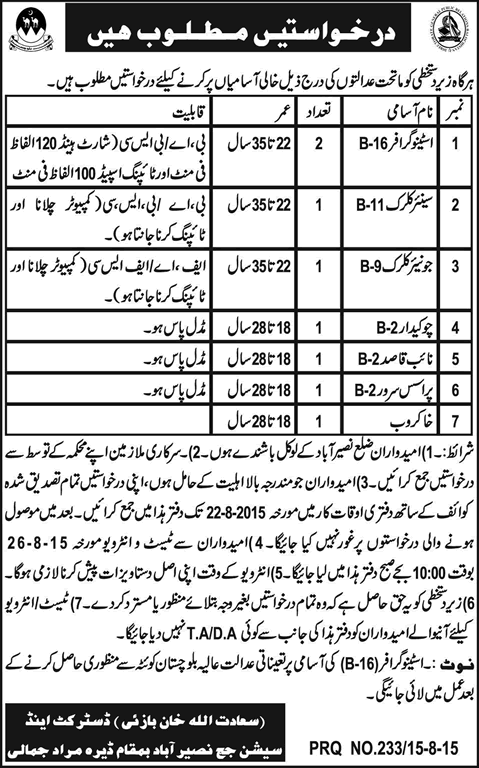 District and Session Court Naseerabad Jobs 2015 August Balochistan Stenographer, Clerks & Others