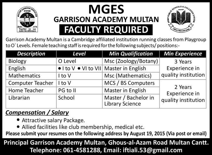 Garrison Academy Multan Jobs 2015 August MGES Teaching Faculty & Librarian Latest