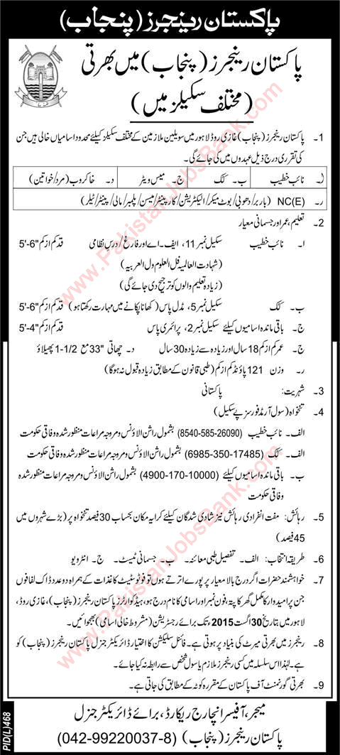 Punjab Rangers Jobs August 2015 Pakistan Naib Khateeb, Cook, Mess Waiter, Khakroob & Others Latest