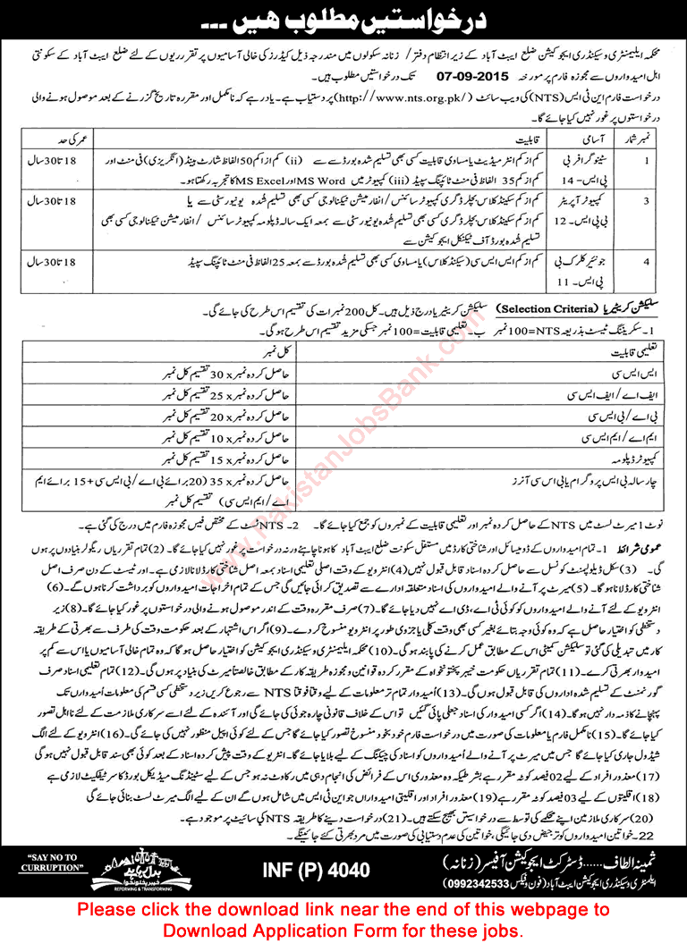 Elementary and Secondary Education Department Abbottabad Jobs 2015 August NTS Application Form Download Latest