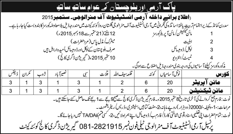 Army Institute of Mineralogy Quetta Free Courses 2015 August / September Mine Operators & Technicians