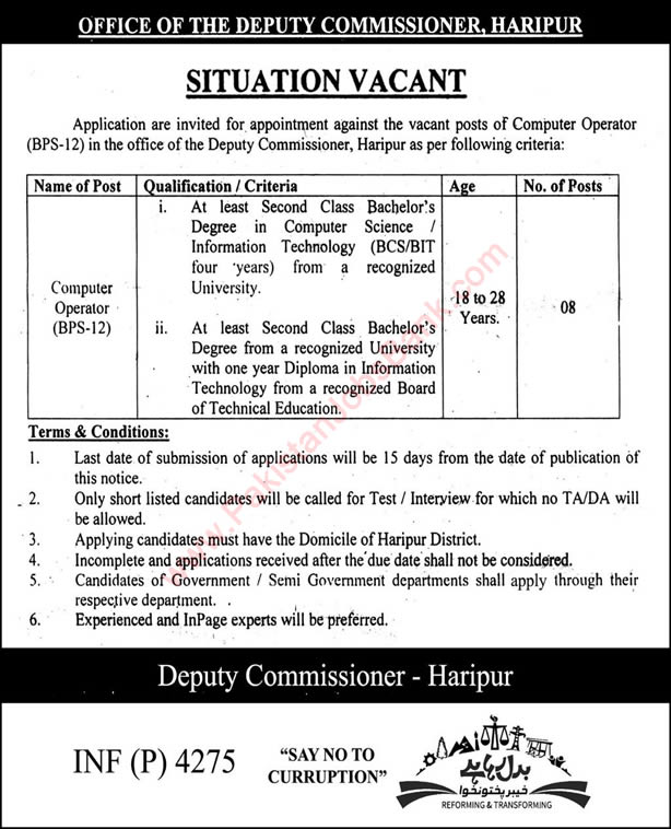 Computer Operator Jobs in Haripur Deputy Commissioner Office 2015 September KPK