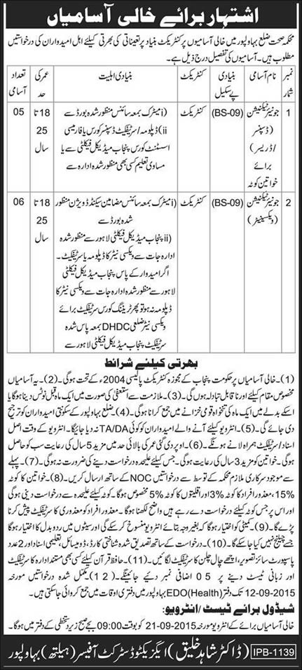 Health Department Bahawalpur Jobs 2015 September Dispenser / Dresser & Vaccinator