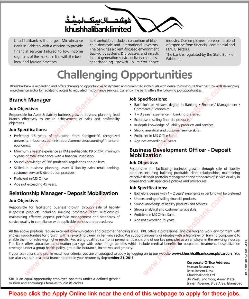 Khushhali Bank Jobs 2015 September KBL Apply Online Managers & Business Development Officer