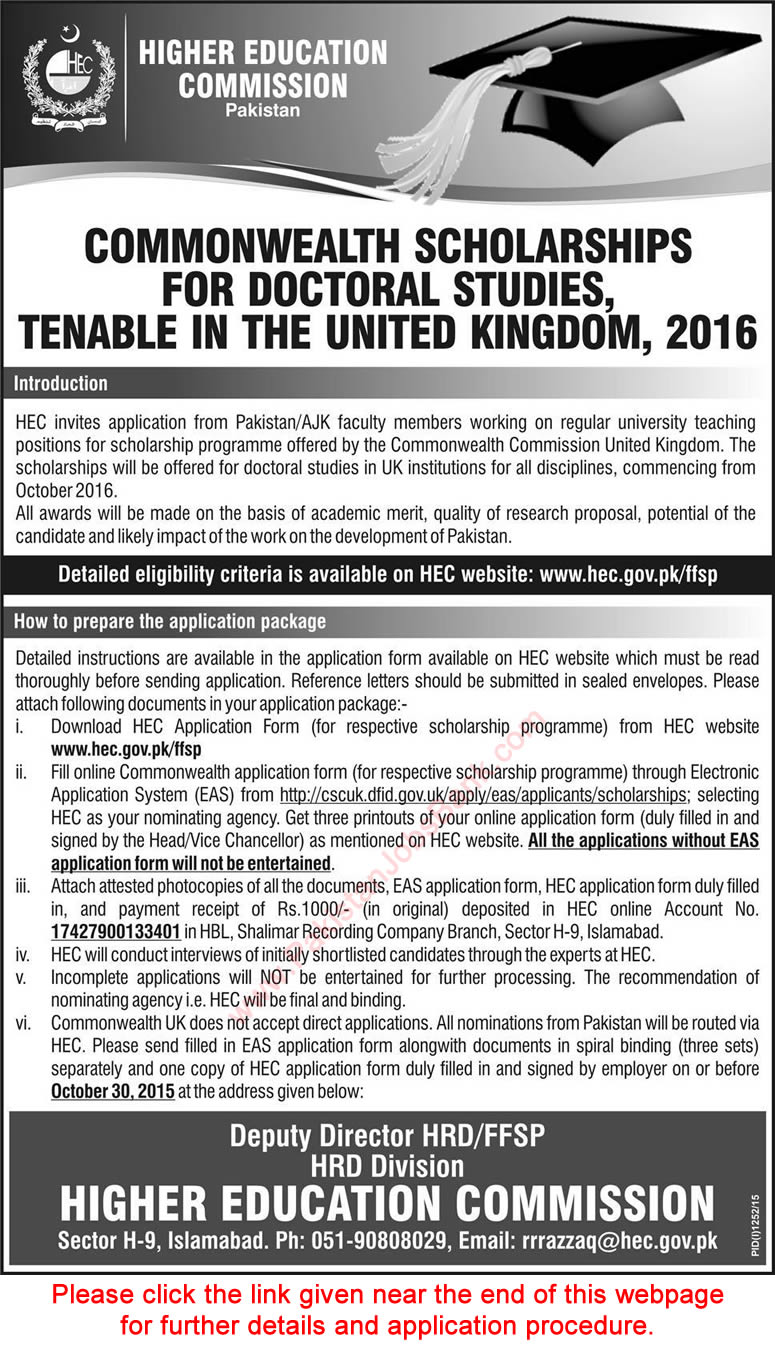 HEC Commonwealth Scholarships 2016 Doctoral Studies in UK Online Application Form Latest