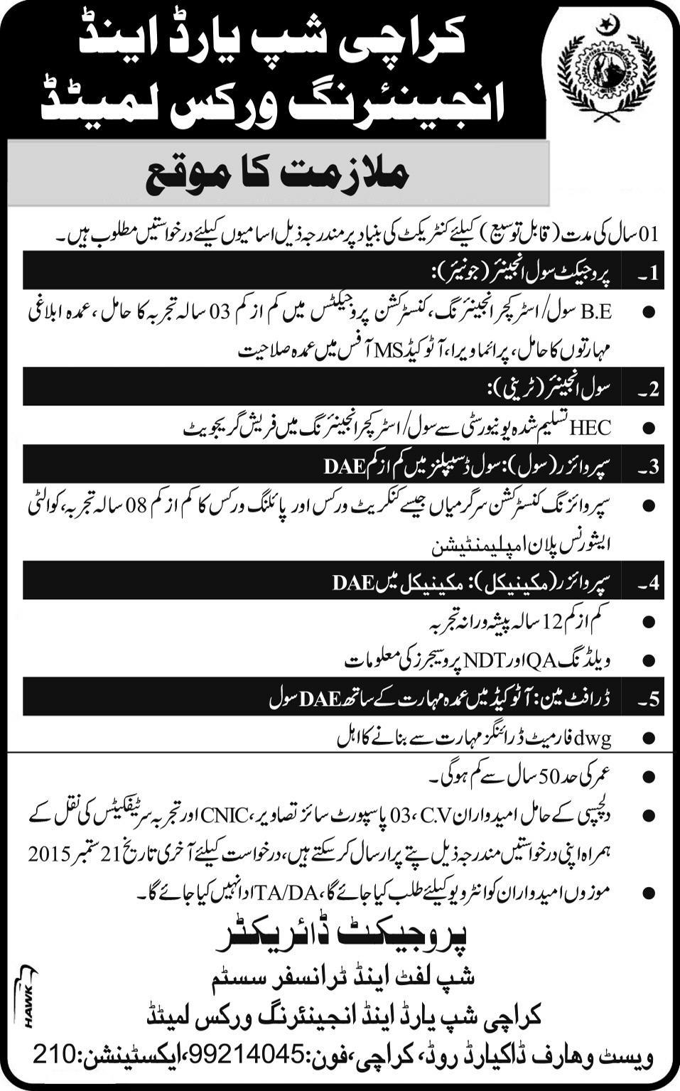 Karachi Shipyard Jobs 2015 September Civil / Mechanical Engineers & Draftsman Latest