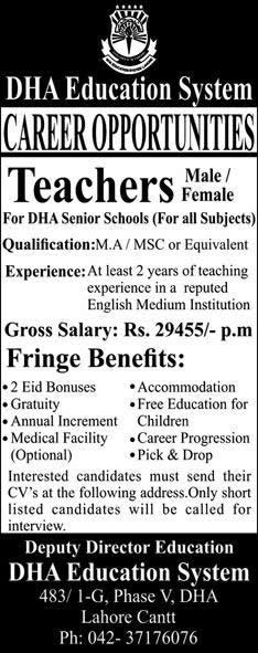 Teaching Jobs in DHA Education System Lahore 2015 September for Senior Schools