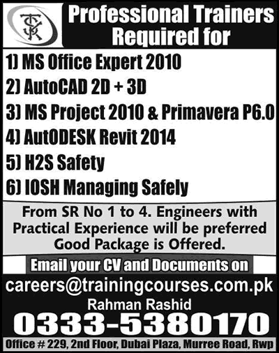 Computer Trainer Jobs in Rawalpindi 2015 September at Training for Skills & Knowledge