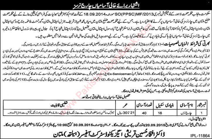 Charge Nurse Jobs in Multan Health Department 2015 September Government Hospitals