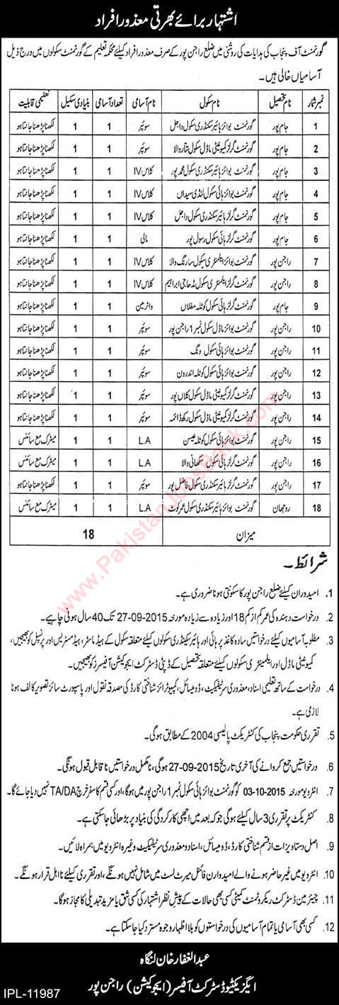 Education Department Rajanpur Jobs 2015 September Government Schools under Disabled Quota