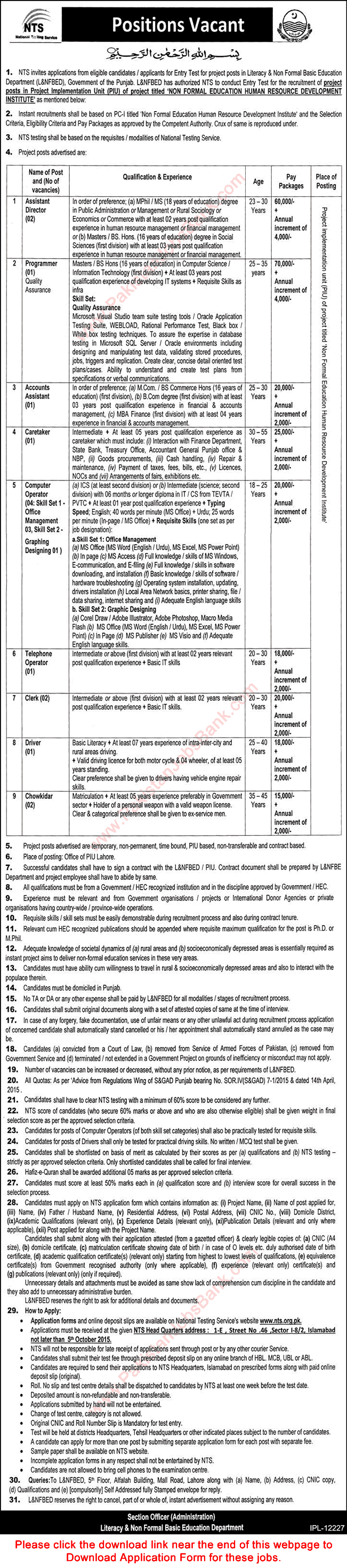 Literacy Department Punjab Jobs 2015 September NTS Application Form Computer Operator, Clerks & Others