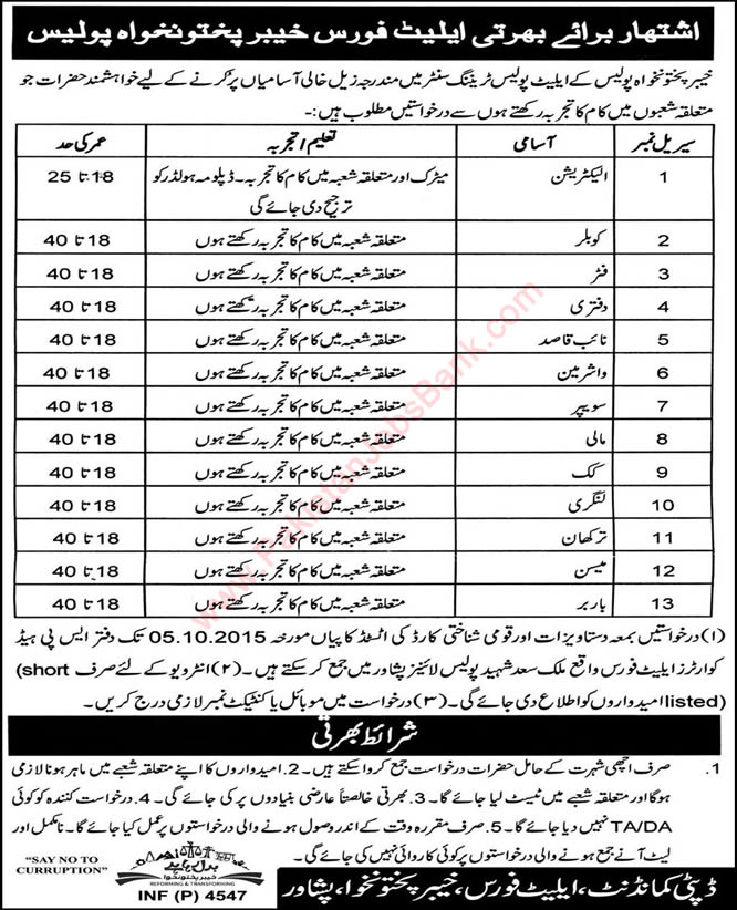 Elite Police Training Center KPK Jobs 2015 September Naib Qasid, Electrician, Cook, Washerman, Mali & Others