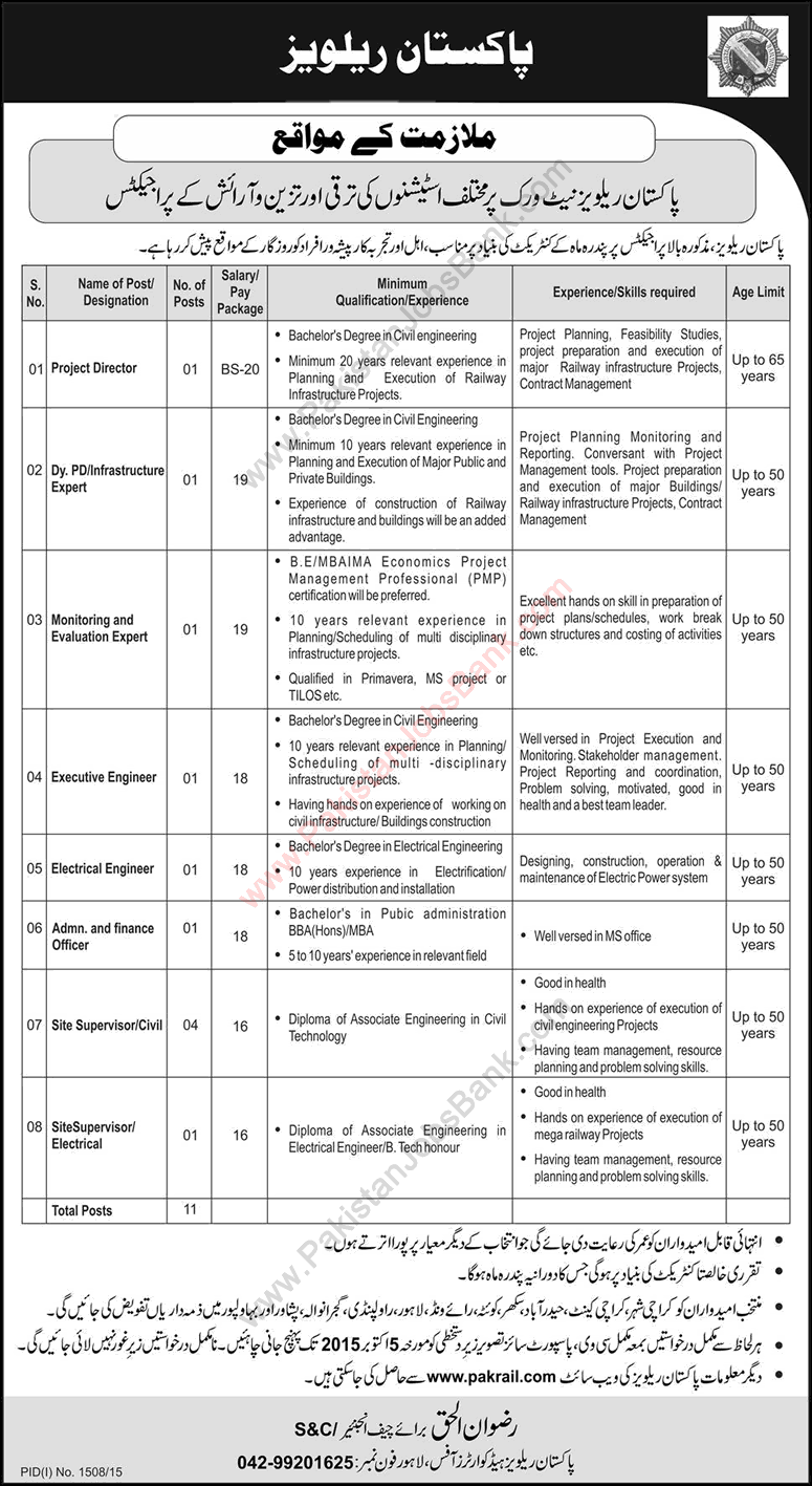 Pakistan Railways Jobs September 2015 Civil / Electrical Engineers, Finance Officer & M&E Expert