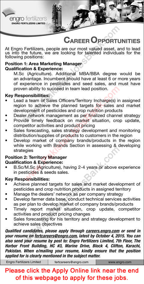 Engro Fertilizers Jobs 2015 September Apply Online Area Marketing / Territory Managers Latest