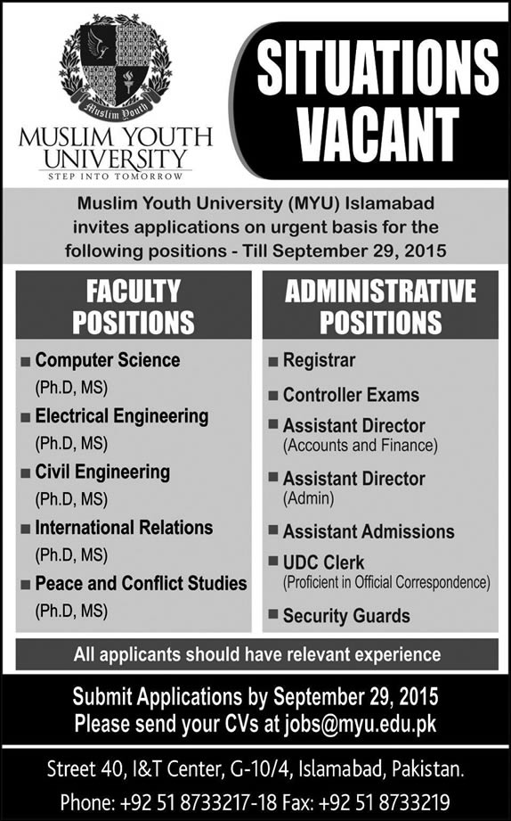 Muslim Youth University Islamabad Jobs 2015 September Teaching Faculty & Admin Staff