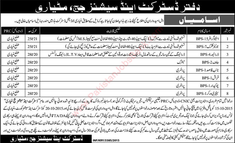 District and Session Court Matiari Jobs 2015 October Sindh Clerks, Stenographer, Naib Qasid & Others