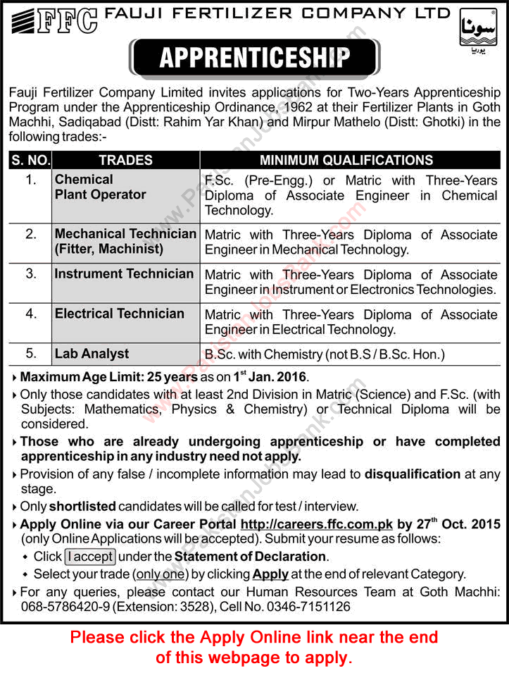 FFC Apprenticeship 2015 October Fauji Fertilizer Company Limited Online Apply Latest