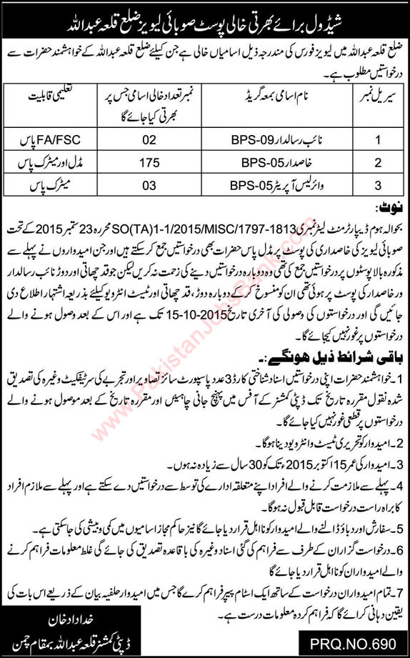 Balochistan Levies Force Killa Abdullah Jobs 2015 October Khasadar, Naib Risaldar & Wireless Operator