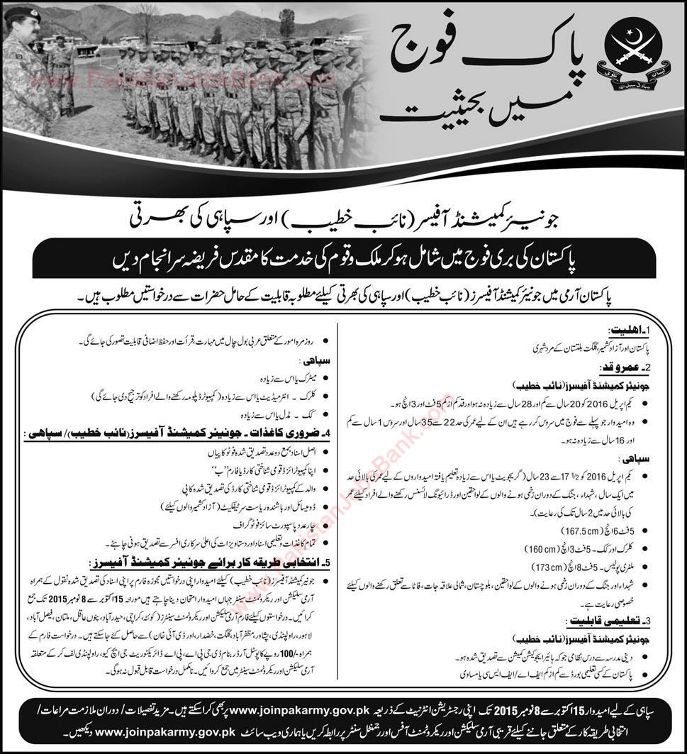 Pakistan Army Naib Khateeb Jobs 2015 October Join as Junior Commissioned Officers Latest