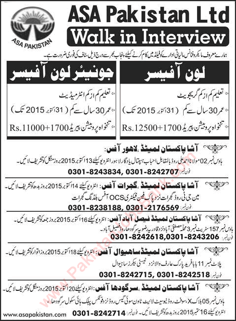 ASA Pakistan Jobs 2015 October Loan Officers in Microfinance Bank Walk in Interviews Schedule Latest