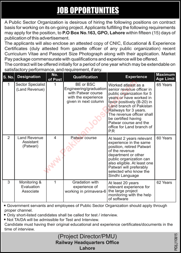 Pakistan Railway Lahore Jobs 2015 October Land Revenue Assistant / Specialist and M&E Associate