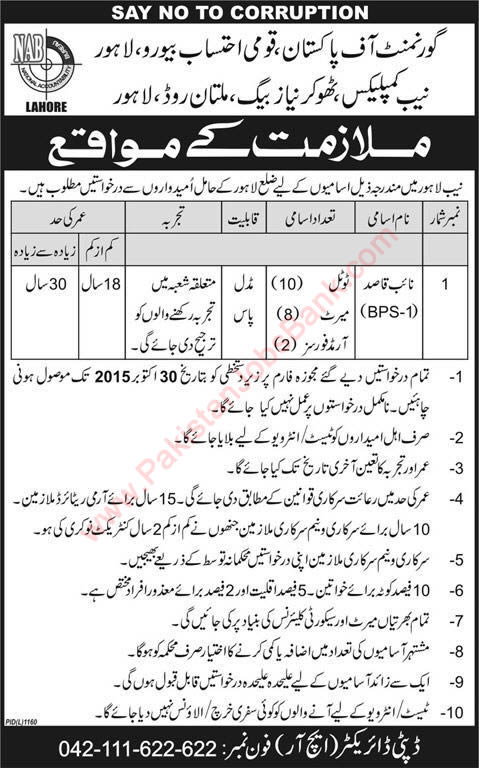 Naib Qasid Jobs in NAB Lahore 2015 October National Accountability Bureau Latest