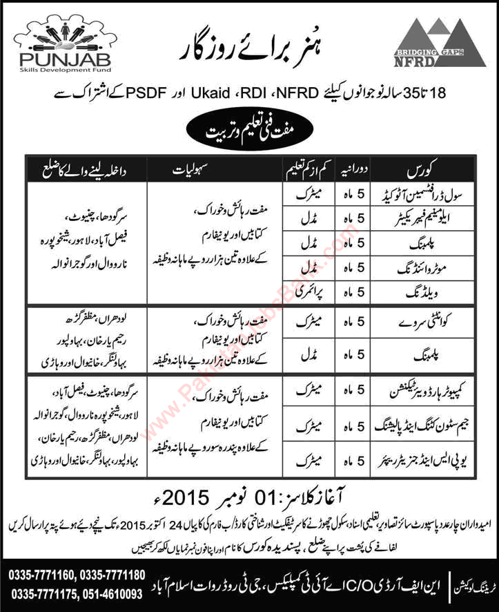 NFRD Rawat Islamabad Free Technical Courses 2015 October Punjab Skill Development Fund Latest