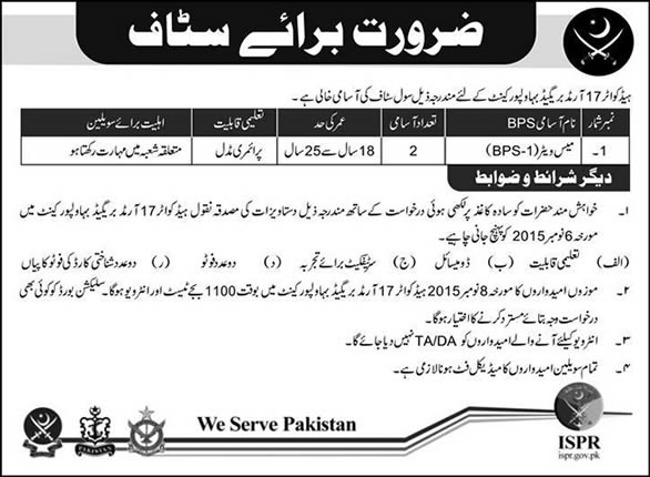 Mess Waiter Jobs in Bahawalpur Cantt 2015 October 17 Armored Brigade