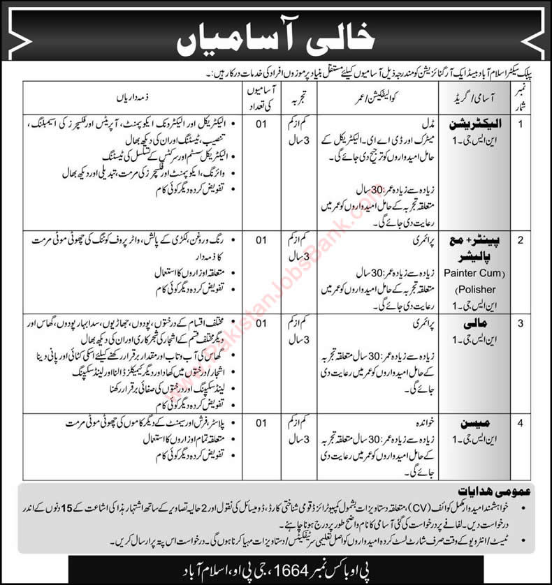 PO Box 1664 GPO Islamabad Jobs 2015 November NEPRA Pakistan Electrician, Painter, Mali & Mason