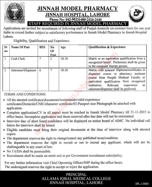 Jinnah Hospital Lahore Jobs 2015 November Cash Clerk & Dispenser at Model Pharmacy Latest