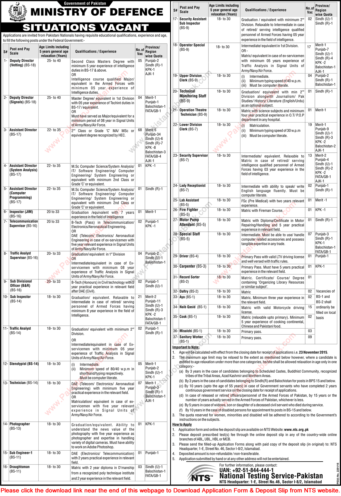 Ministry of Defence Jobs November 2015 Pakistan NTS Application Form Download MOD Latest Advertisement