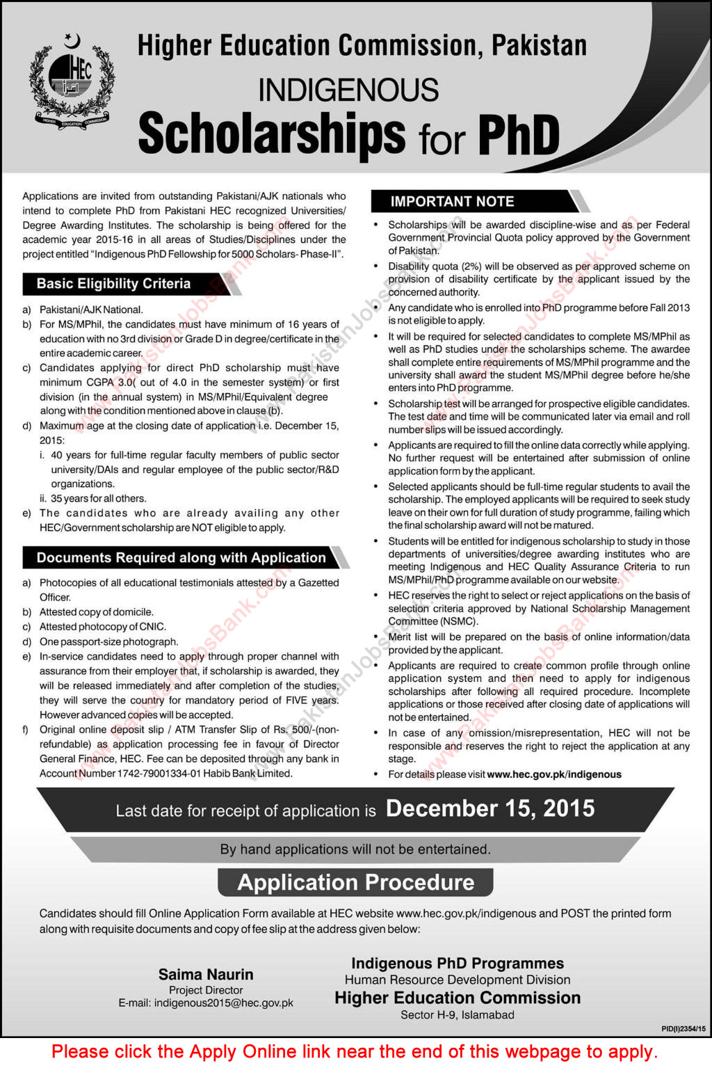 HEC Indigenous Scholarships for PhD 2015 - 2016 Apply Online Fellowship Program Latest