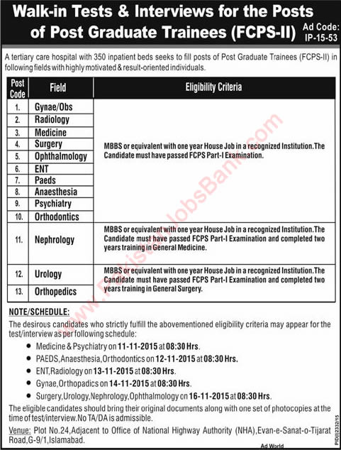 KRL Hospital Islamabad Jobs 2015 November Postgraduate Trainees FCPS-II Test / Interview Schedule