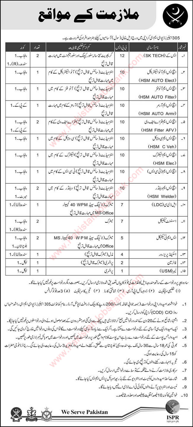 305 Spares Depot EME Karachi Jobs 2015 November Skilled Technicians, Clerk, Fireman & Labour Latest