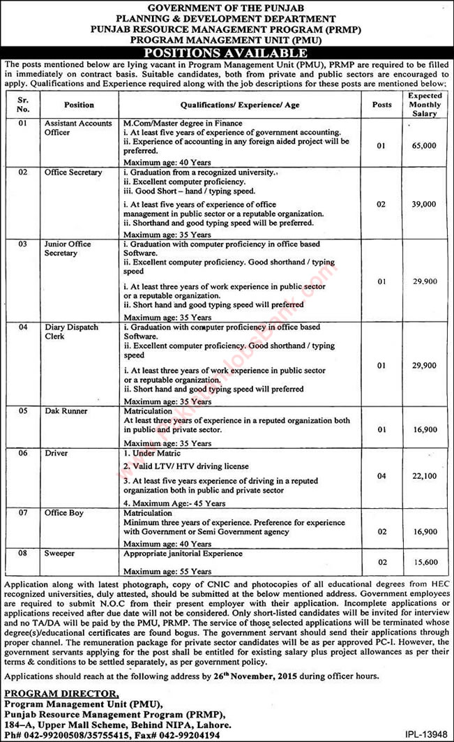 Punjab Resource Management Program Lahore Jobs 2015 November PRMP Office Secretary, Clerk & Others