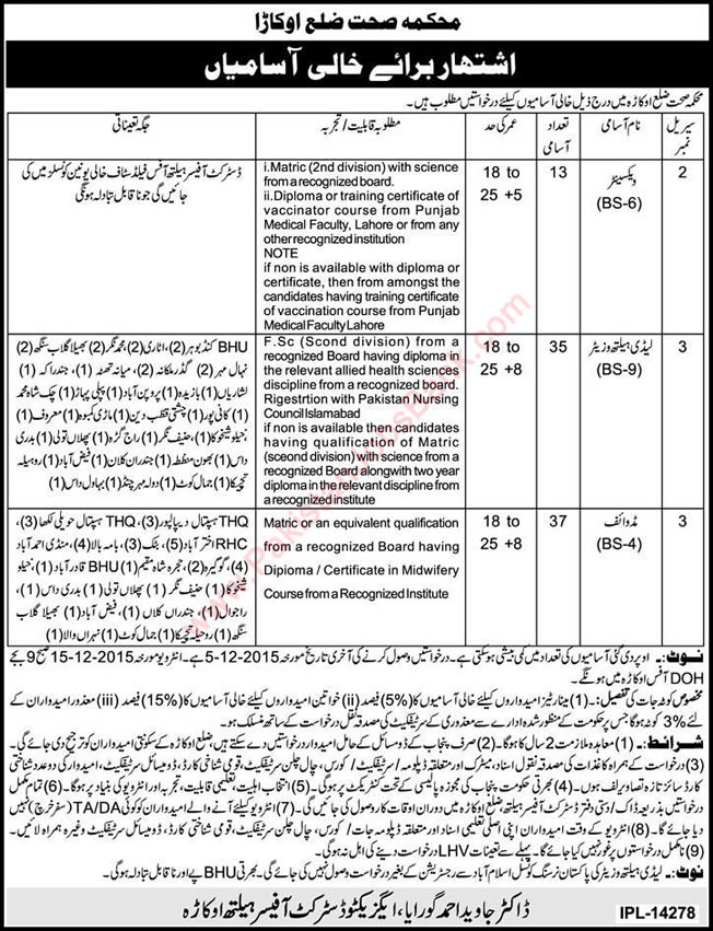 Health Department Okara Jobs 2015 November Lady Health Visitors, Midwives & Vaccinators