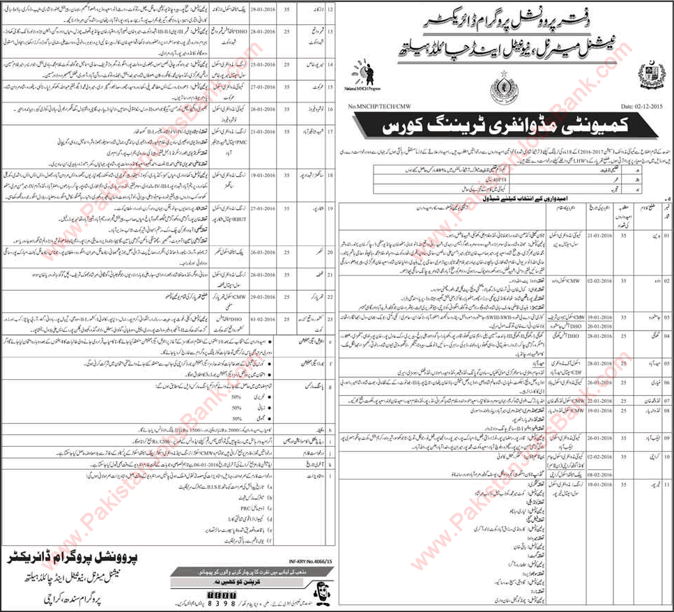 Community Midwifery Free Training Course in Sindh 2015 December Interview Schedule National MNCH Program