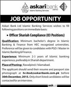 Askari Bank Jobs in Islamabad / Rawalpindi December 2015 / 2016 Shariah Compliance Officers Latest