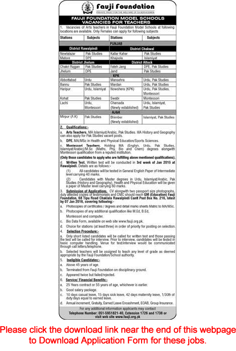 Fauji Foundation Model Schools Jobs December 2015 / 2016 Application Form Female Teachers Latest